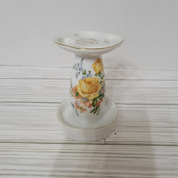 VTG Royal Crown Porcelain Toothbrush Stand White Yellow Floral Japan - Picture 1 of 8